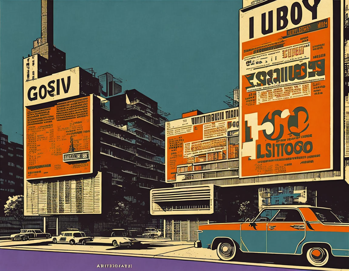 Retro-futuristic cityscape with billboards, vintage car, and multi-level apartment.