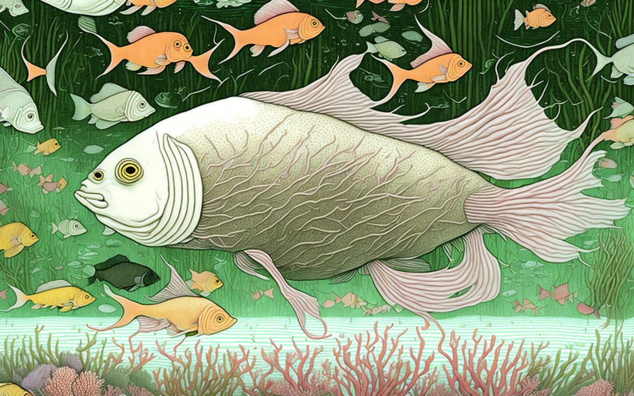 Detailed illustration of large stylized fish swimming among smaller fish with aquatic plants and coral.