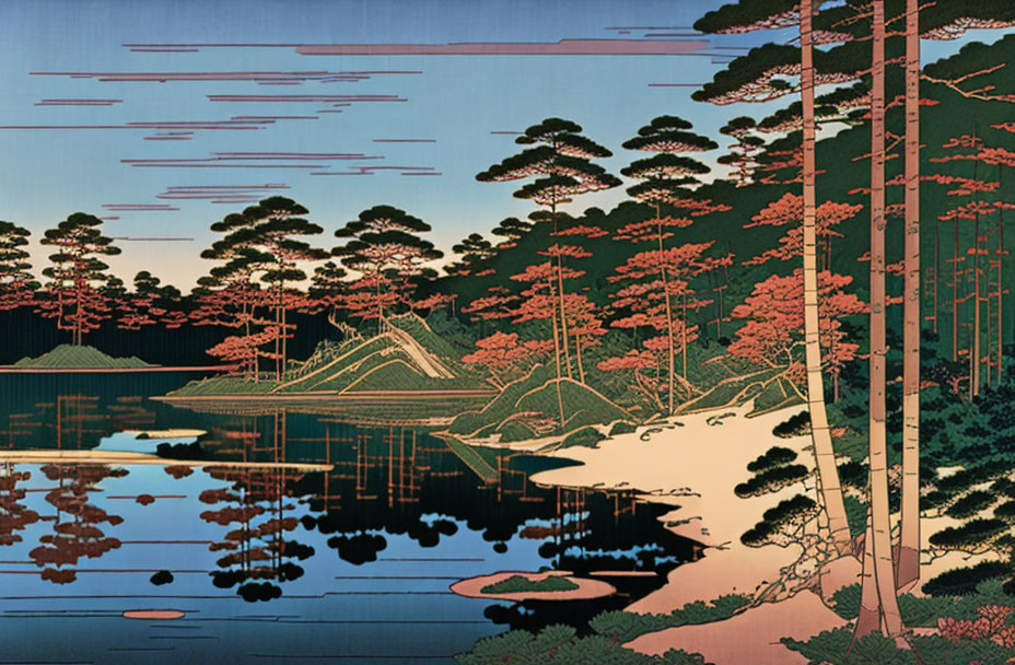 Japanese woodblock print of serene lake scene with reflection, trees with reddish foliage, pink sky