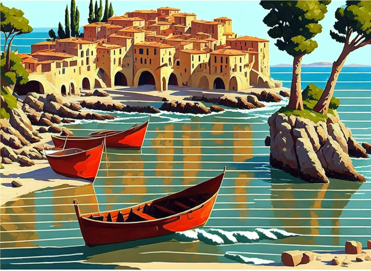 Colorful coastal scene with red boats, blue waters, rocks, and terracotta village.