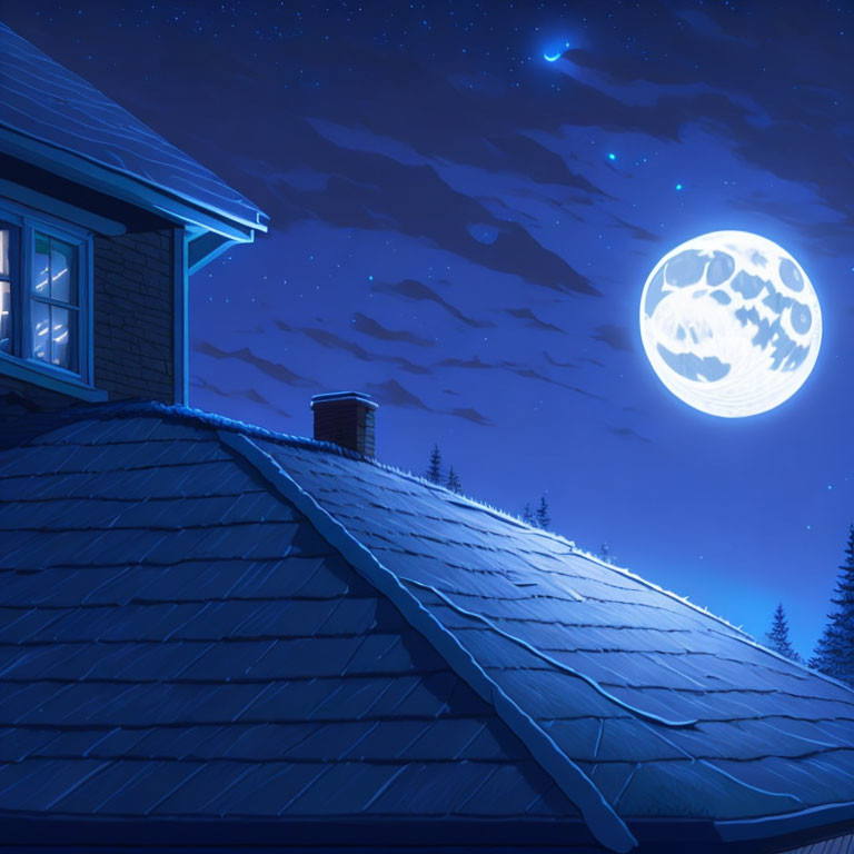 House under Starry Night Sky with Full Moon and Glowing Window