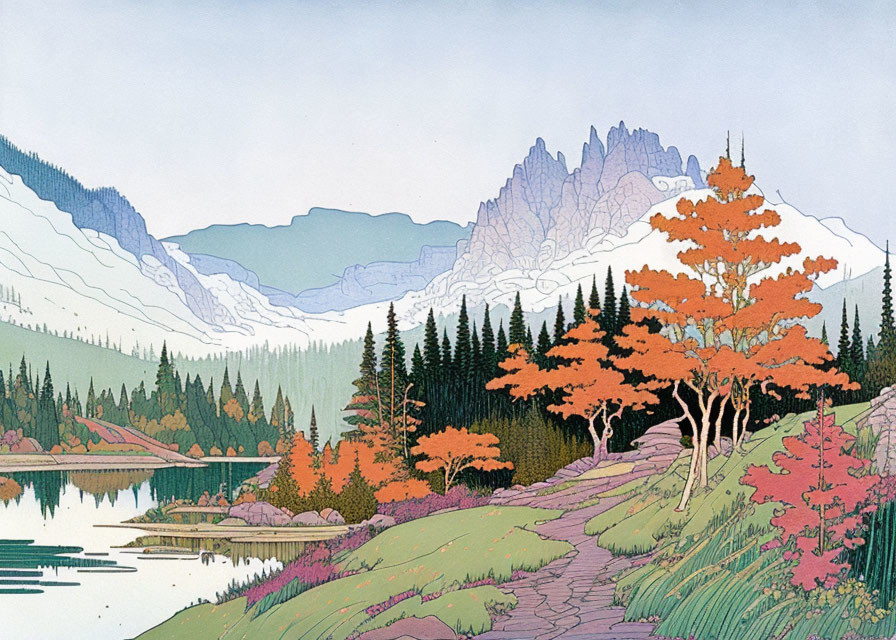 Tranquil landscape with vivid orange tree, lake, and mountains