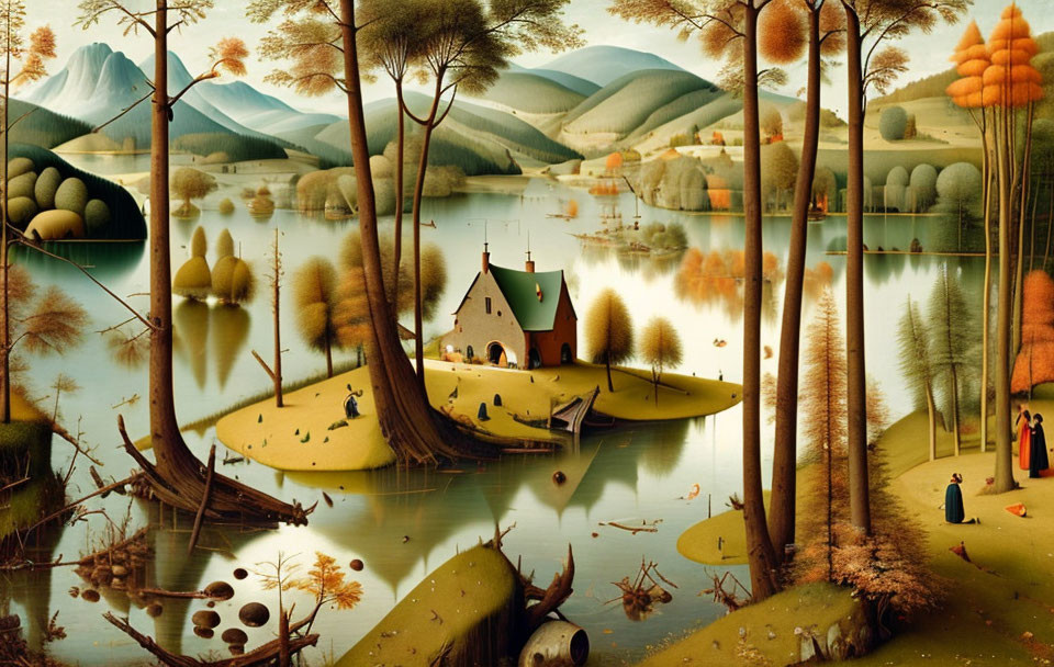 Tranquil autumn landscape with rolling hills, lakes, colorful trees, and cozy houses.