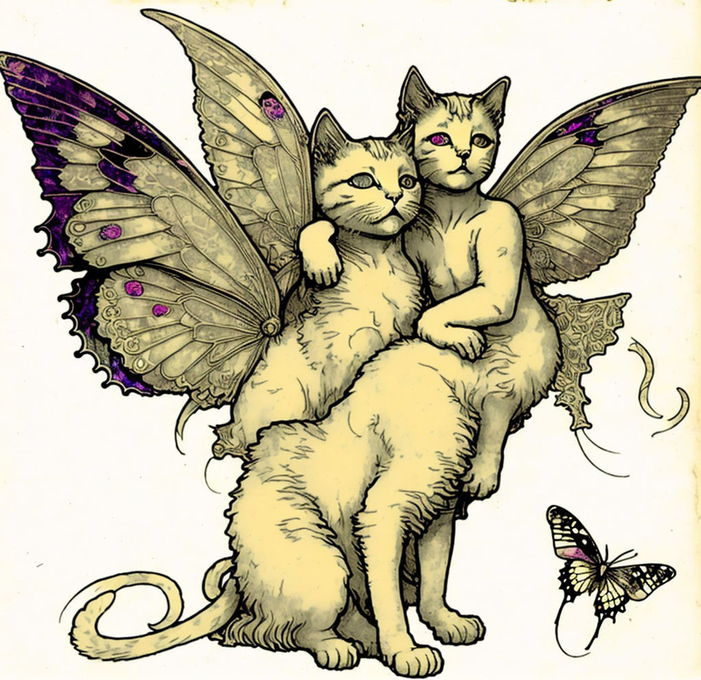 Fantastical drawing of embracing winged cats with butterfly wings and intricate patterns