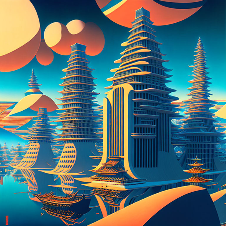 Futuristic cityscape with stylized skyscrapers and surreal sky.