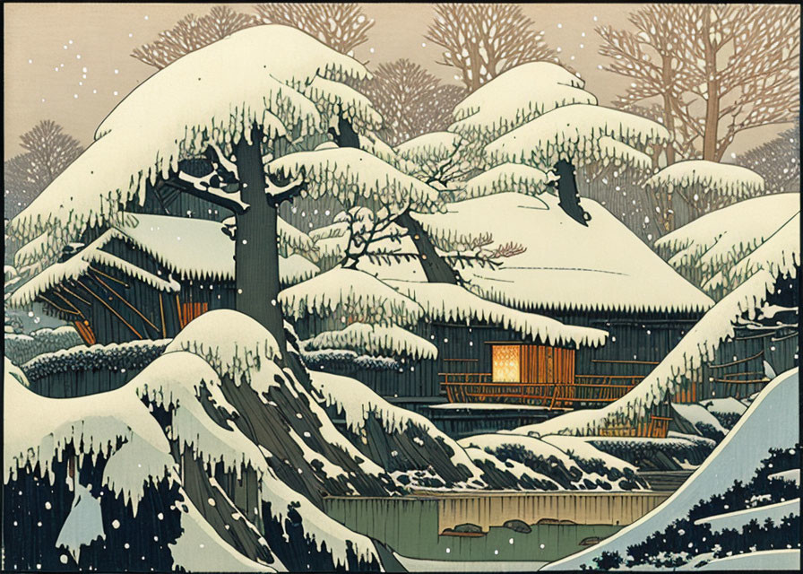 Japanese Ukiyo-e Style Snowy Landscape Illustration