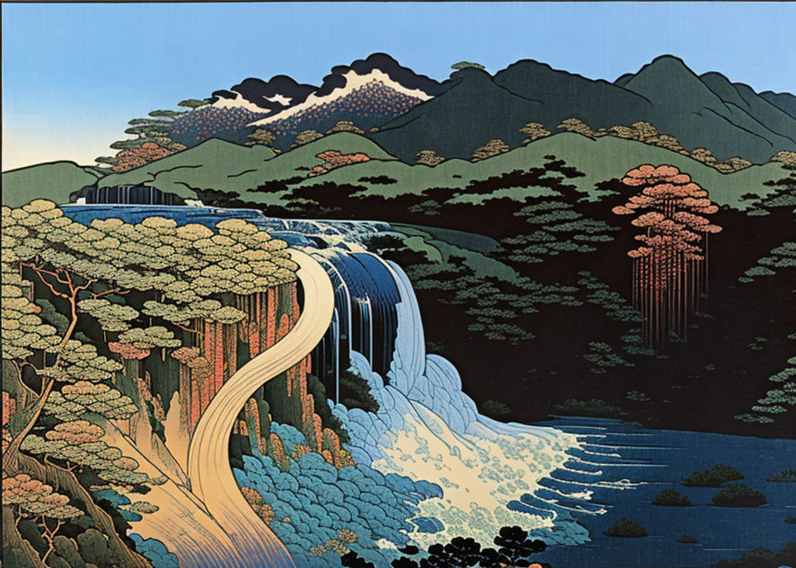 Traditional Japanese illustration: Cascading waterfall in lush mountains