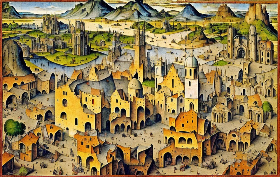 Detailed Medieval Town Painting with Buildings, Mountains, and River