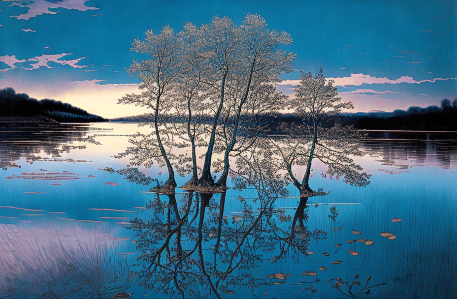 Twilight landscape with submerged trees reflecting in calm water