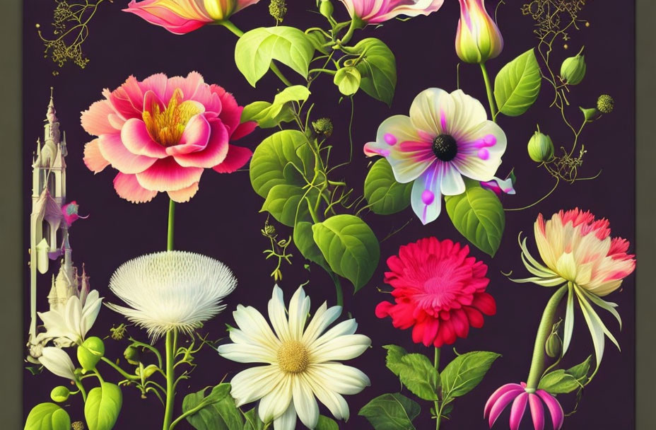 Colorful Flower Illustration Featuring Peony and Daisy on Dark Background