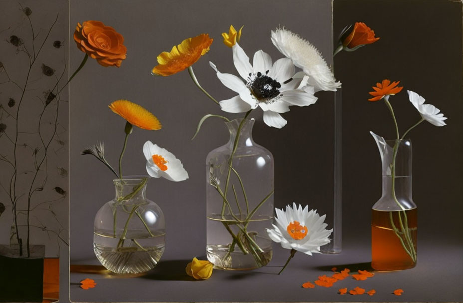 Still Life Image: Flowers in Clear Glass Vases with Overcast Palette