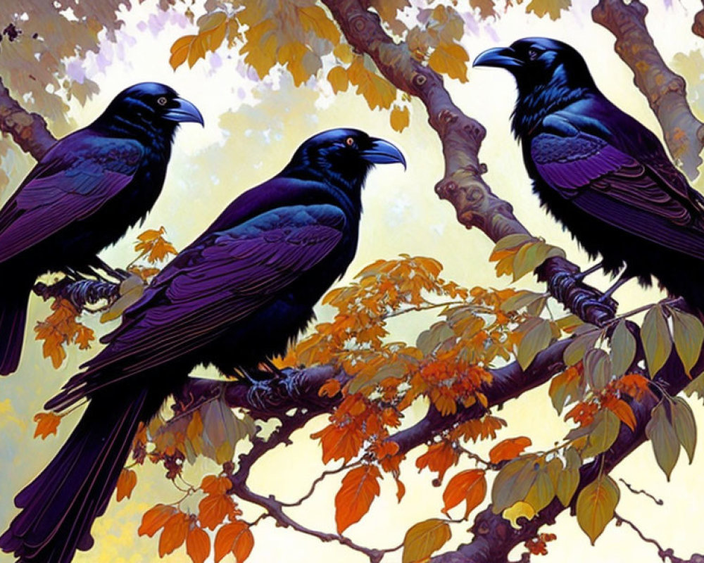 Black ravens on branches with green and orange leaves in purple and yellow setting