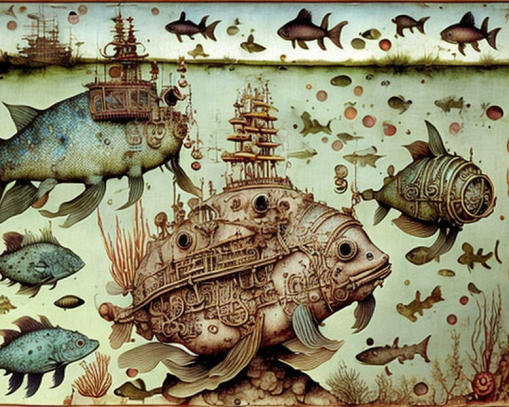 Detailed artwork of fish with ship and building-like structures swimming in bubbles and seaweed