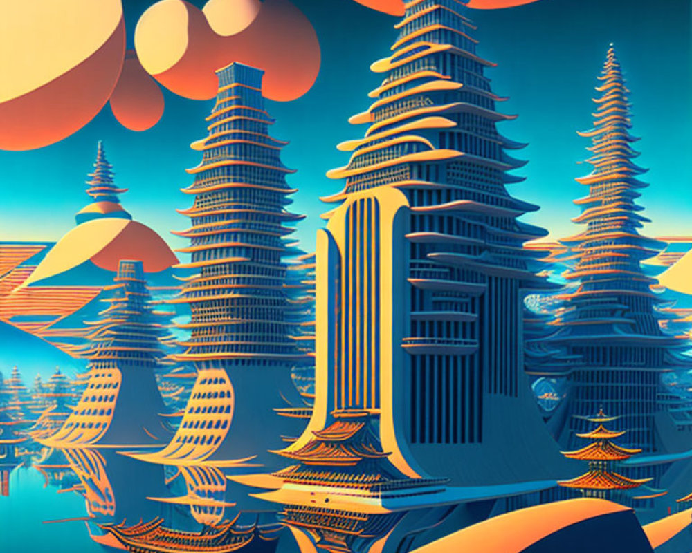 Futuristic cityscape with stylized skyscrapers and surreal sky.