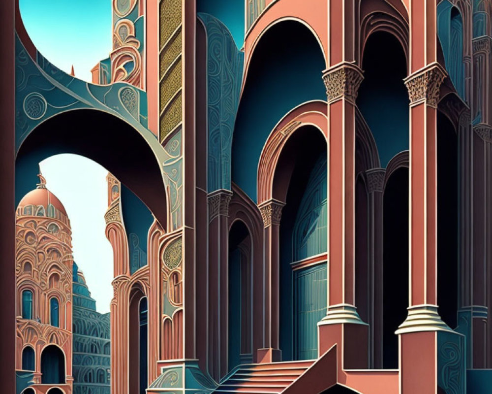 Detailed digital architectural fantasy illustration in teal, blue, and bronze palette