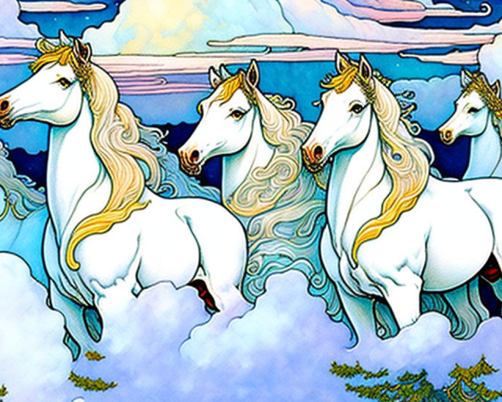 Vibrant illustration: Six majestic unicorns with golden horns in a pastel landscape