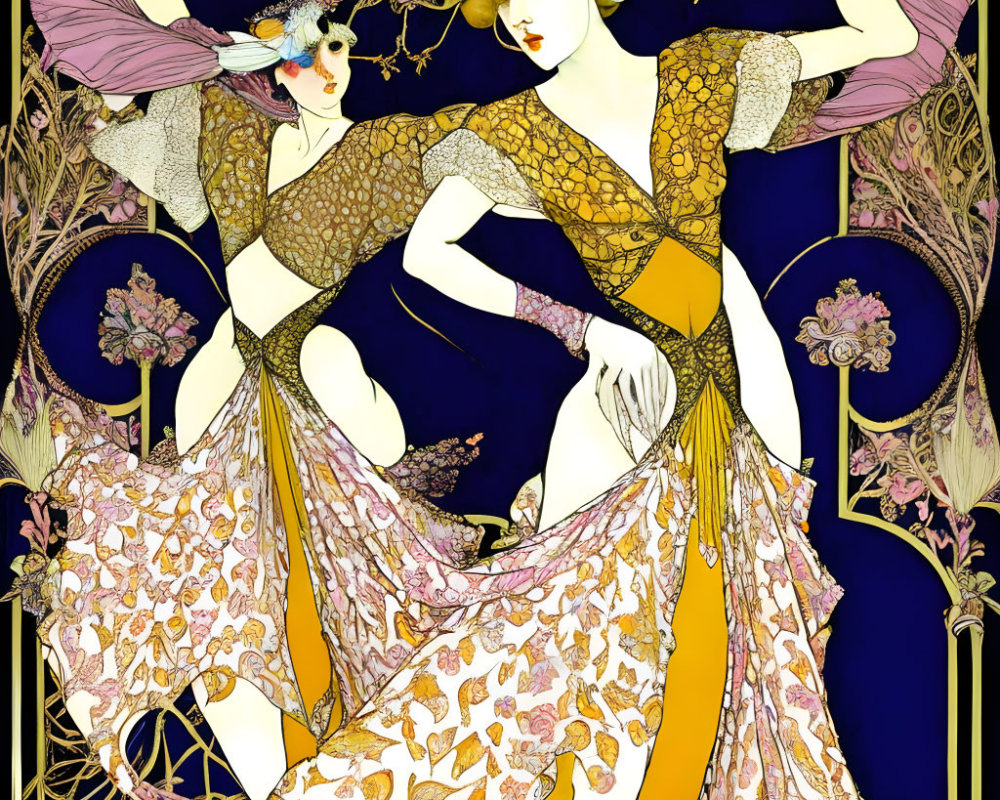 Art Nouveau illustration of two women in floral dresses with dark border