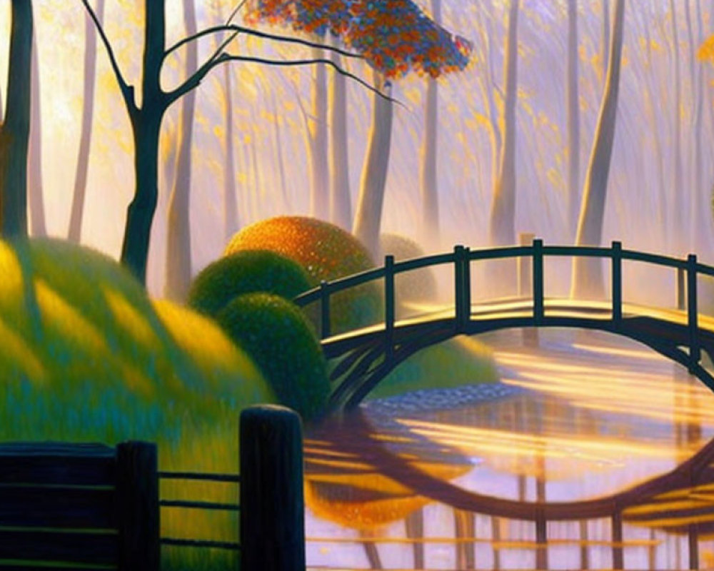 Tranquil forest scene with small bridge over stream in golden sunlight