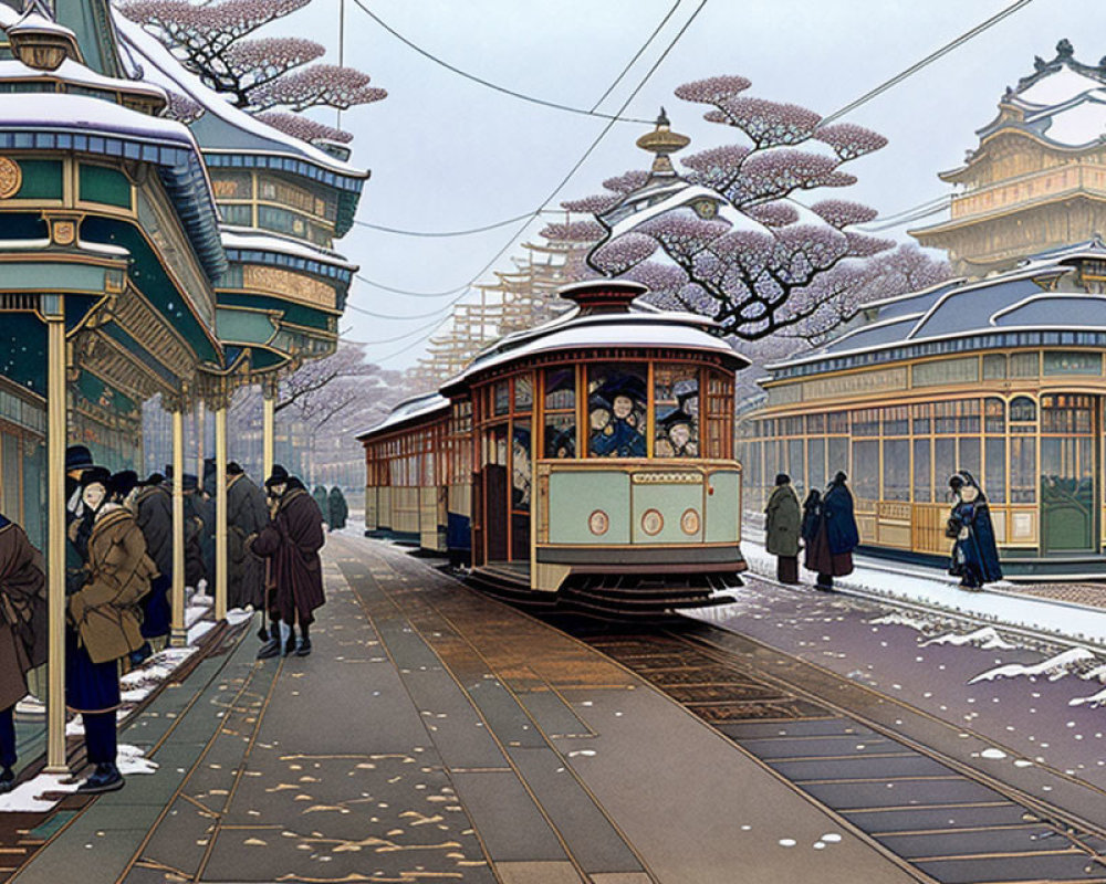 Vintage tram in snowy Japanese scene with cherry blossoms and passengers.