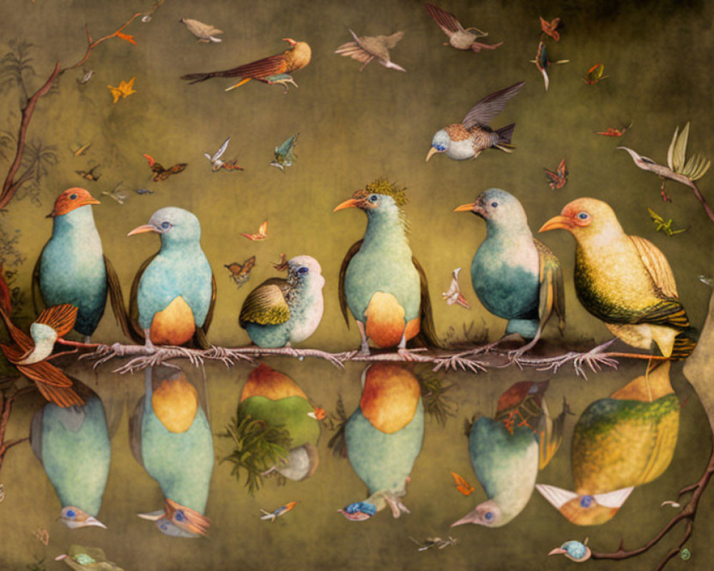 Colorful Stylized Birds Perched and Flying on Branches in Earthy Background