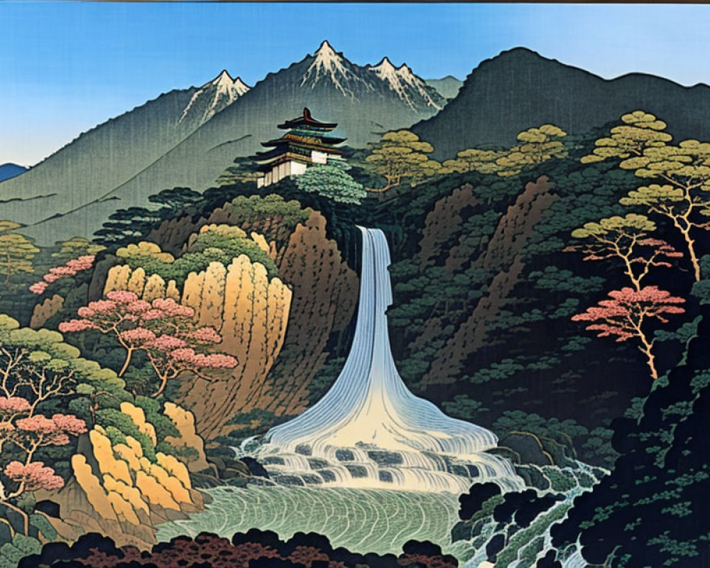 Japanese Artwork: Waterfall in Autumn Forest with Pagoda