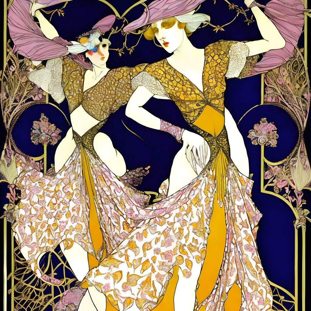 Art Nouveau illustration of two women in floral dresses with dark border