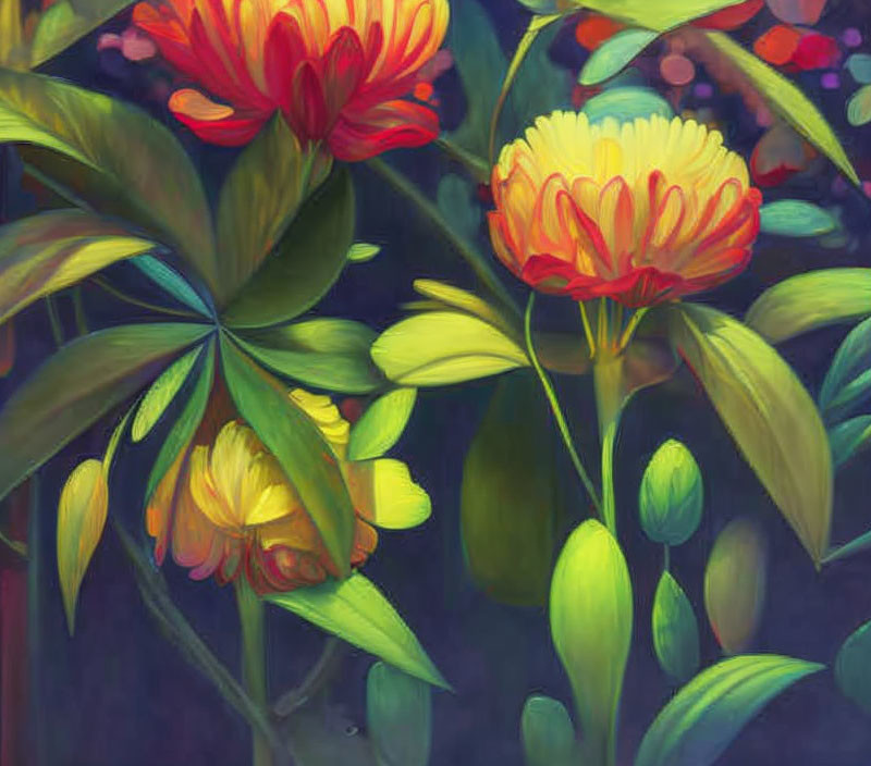 Colorful Painting of Red and Yellow Flowers in Nighttime Garden