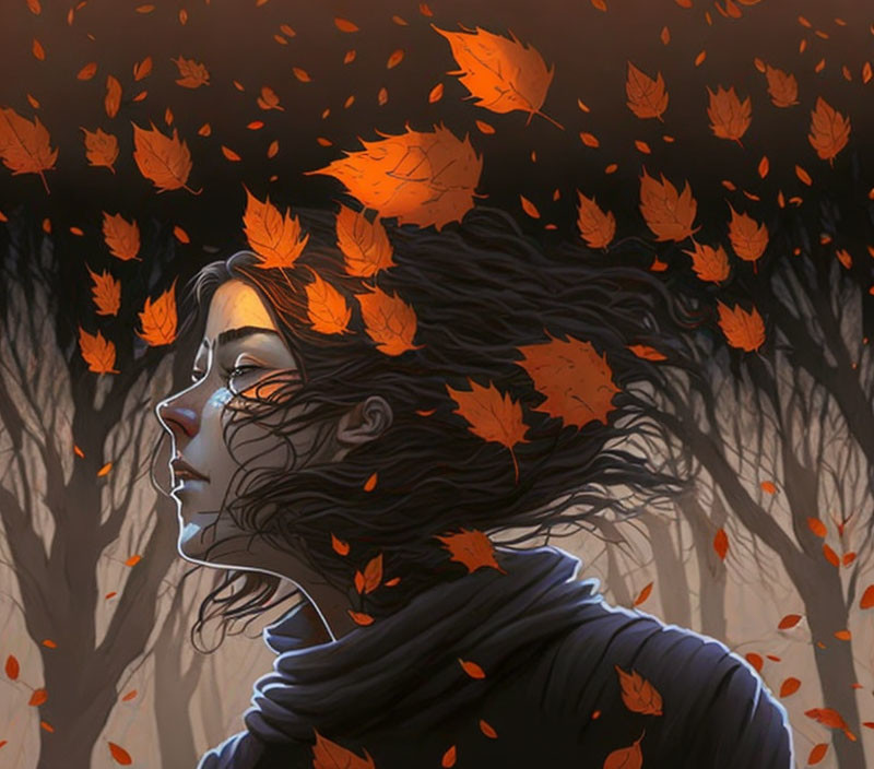 Dark-haired woman in scarf surrounded by swirling autumn leaves and bare trees