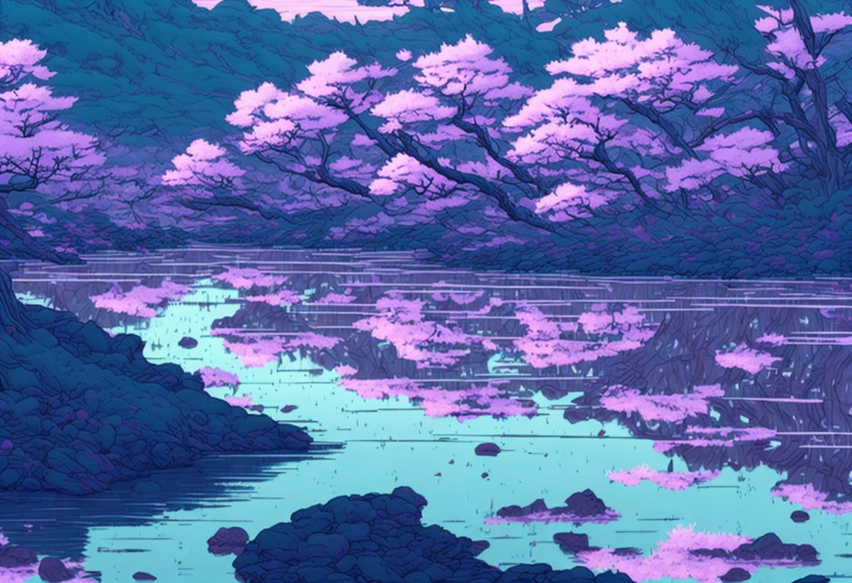 Pink Cherry Blossoms Reflecting in Serene Twilight Pond