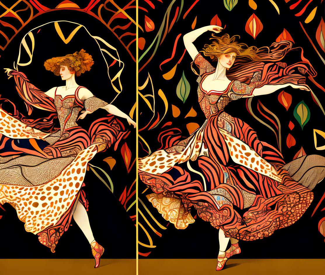 Art Nouveau-inspired images of a dancing woman in flowing dress