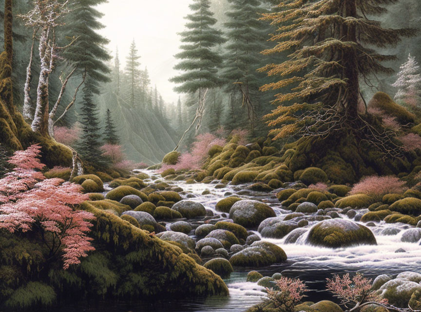 Tranquil river in misty forest with mossy rocks and pink blossoms