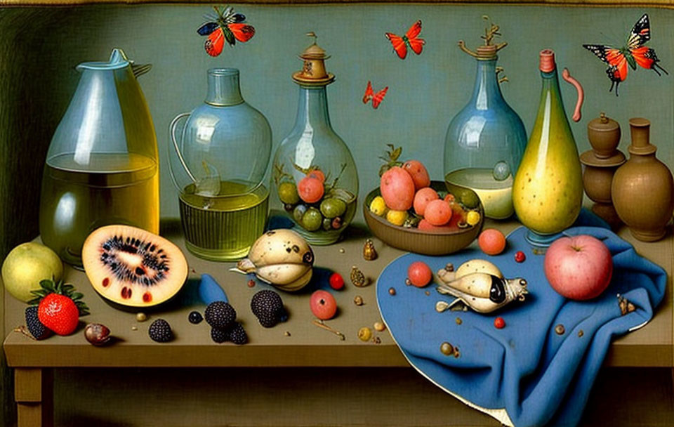 Array of fruits, glass jars, pitcher, berries, and butterflies in still life painting