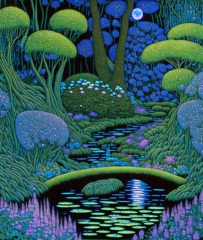 Surreal forest with blue and green foliage, reflective stream, glowing moon