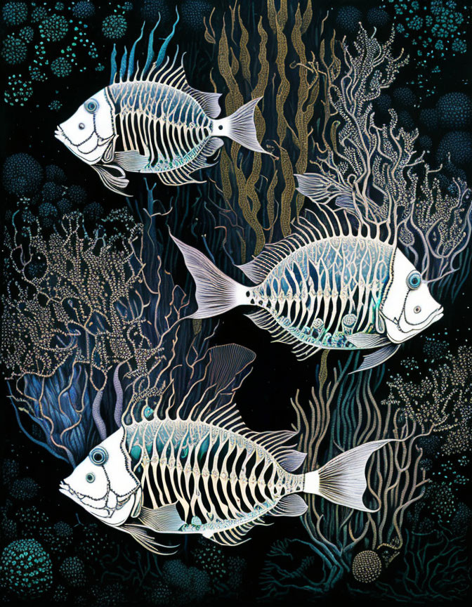 Stylized Fish Illustration Among Coral and Seaweed