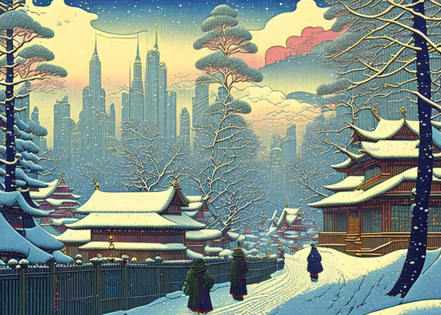 Illustration of Japanese architecture, snowy pines, and futuristic cityscape at dusk