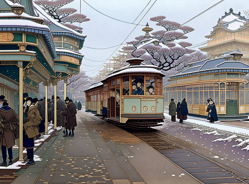 Vintage tram in snowy Japanese scene with cherry blossoms and passengers.