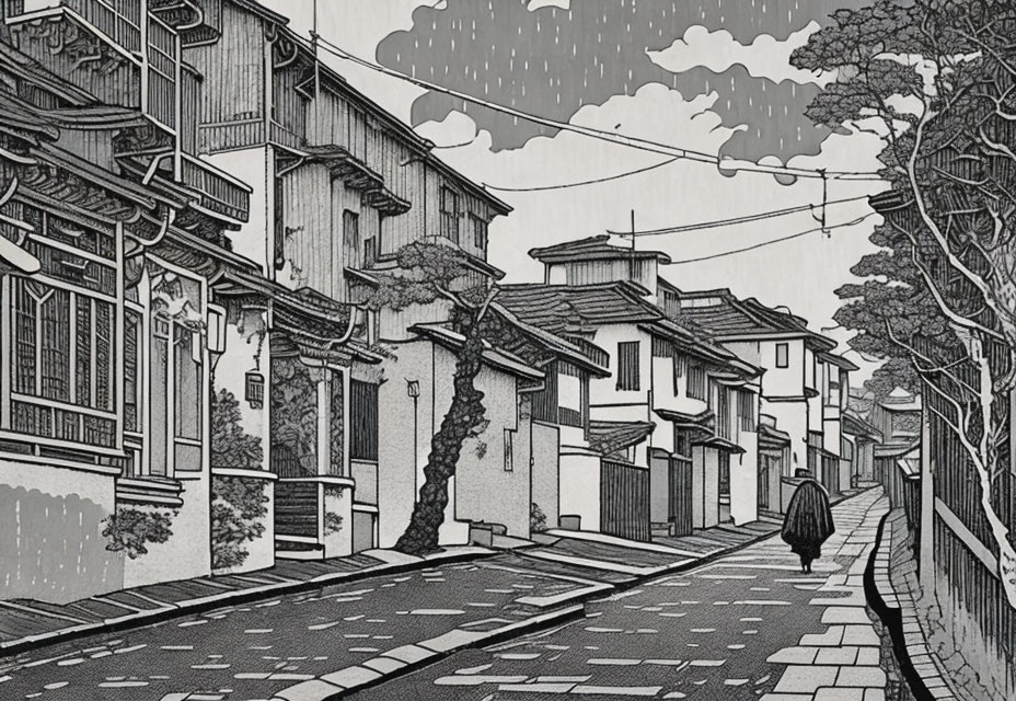 Monochrome drawing of person walking in narrow street with traditional houses and leafless trees under cloudy sky