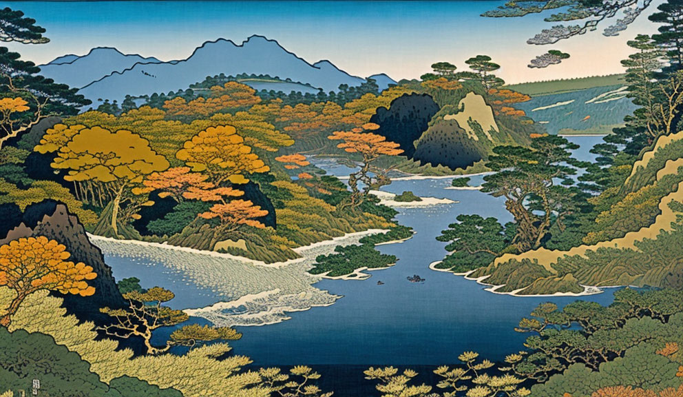 Japanese Style Landscape: Winding River, Autumn Trees, Mountain Silhouettes