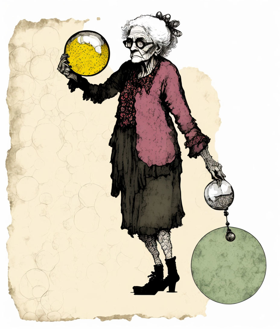 Elderly woman with glasses holding yellow and green spheres on textured background