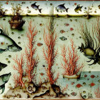 Detailed artwork of fish with ship and building-like structures swimming in bubbles and seaweed