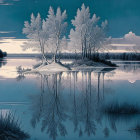 Serene monochromatic landscape with lake, trees, and forested horizon