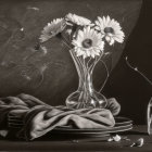 Monochrome still life with daisies, glass vase, bottle, fabric, and book