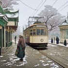 Vintage tram arrives at snow-dusted station with traditional attire passengers