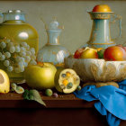 Classic Still Life Painting with Fruit, Lemon, Jar, and Pitcher on Table