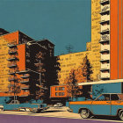 Retro-futuristic cityscape with billboards, vintage car, and multi-level apartment.