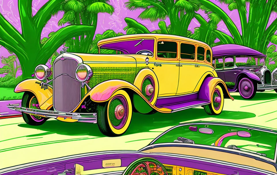 Yellow and Purple Vintage Cars in Tropical Setting