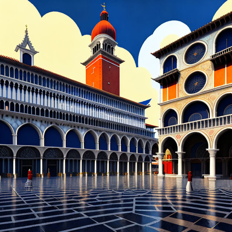 Venetian square with bell tower, arches, checkered flooring under blue sky