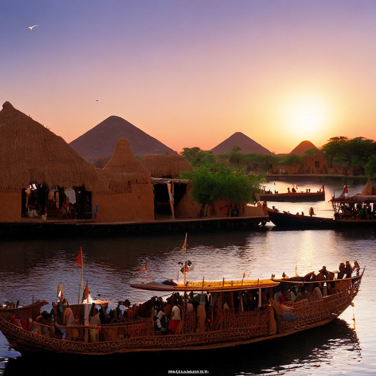 Colorful sunset over river with boats, huts, and silhouetted pyramids