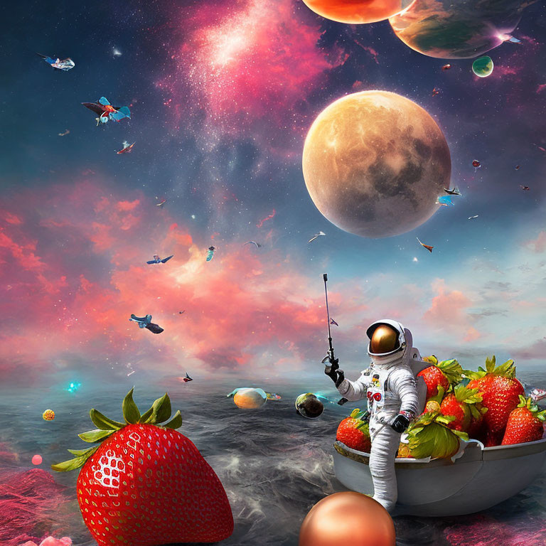 Astronaut fishing in surreal ocean with giant strawberries and flying fish