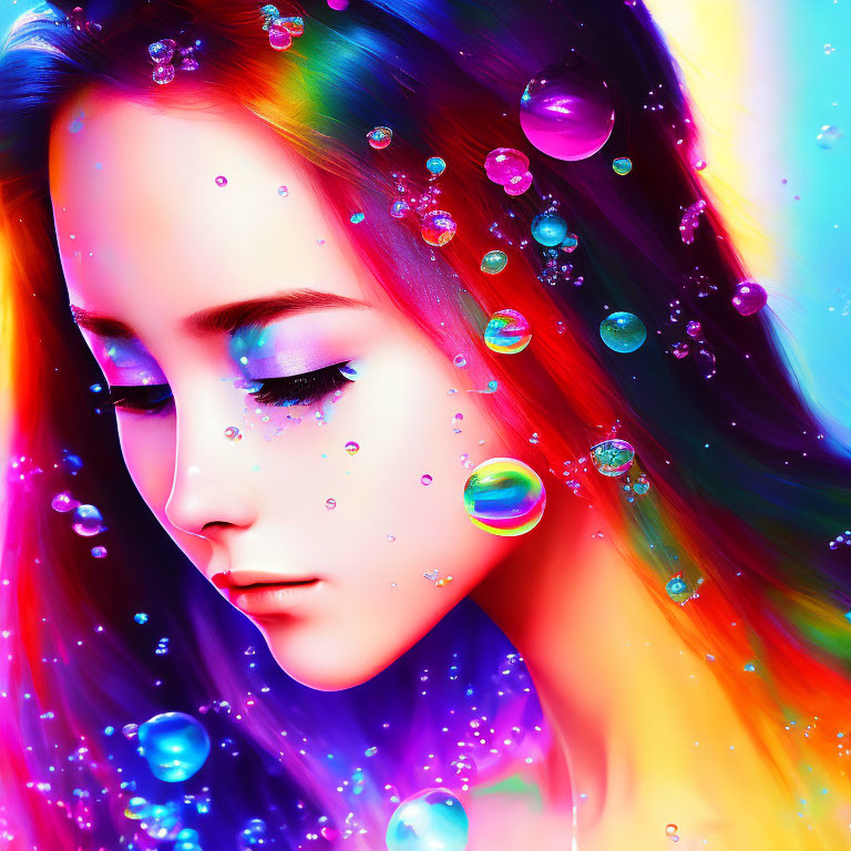 Colorful Digital Artwork: Woman with Glittering Bubbles on Neon Background